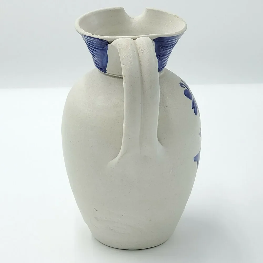 Williamsburg Pottery Country Style Pitcher Vase Cobalt Blue Flowers Stamped VTG